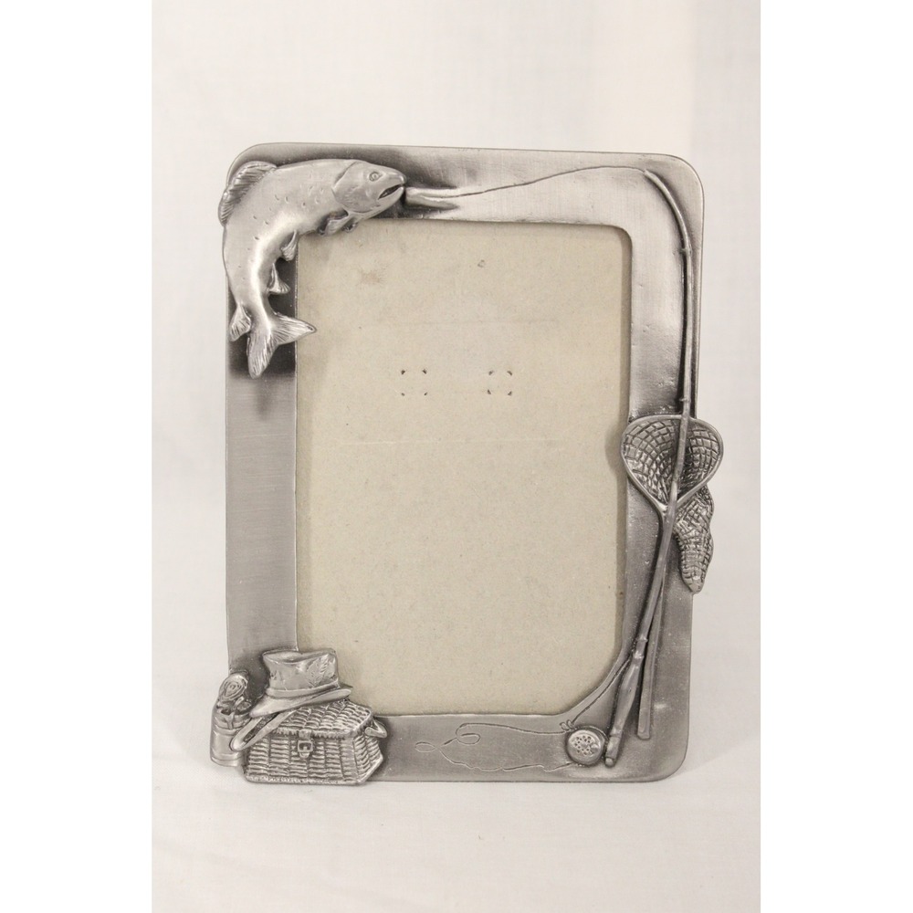 Rivers Edge Products Fishing Photo Frame Pewter 2.5x3.5 Trout Creel Rustic Lodge